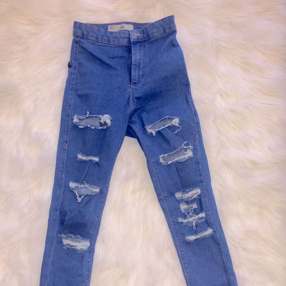 TOPSHOP HIGHWAISTED DISTRESSED INK BLUE JEANS